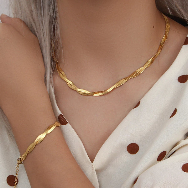 18K Gold Plated Waterproof Necklace Bracelet Set