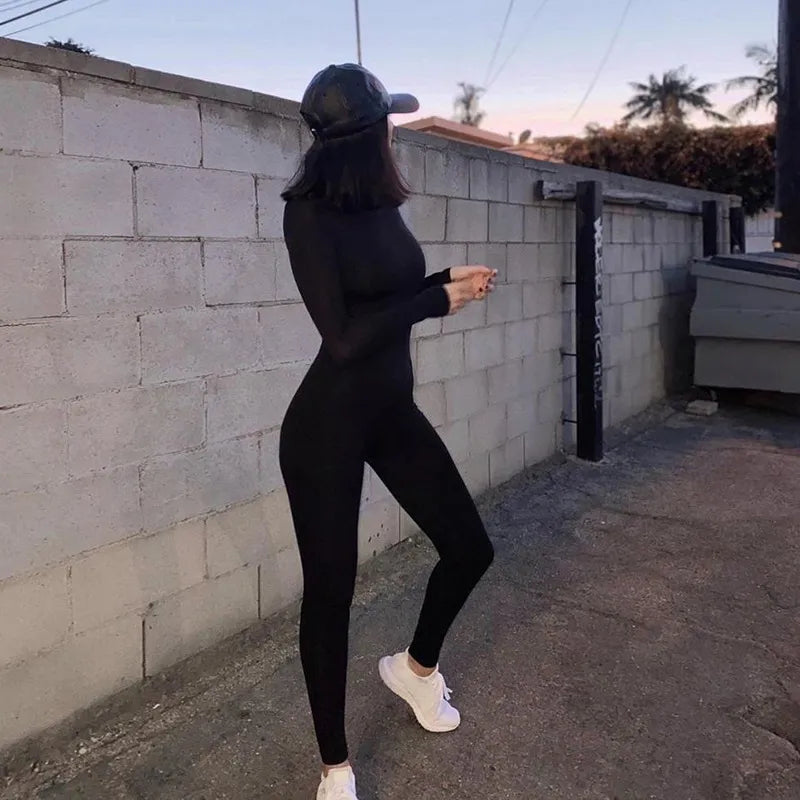 Solid Black/Gray Long-Sleeve Skiing Jumpsuit Women